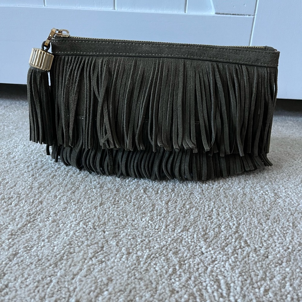 India Hicks Douglas Suede Olive Green Fringe Clutch
